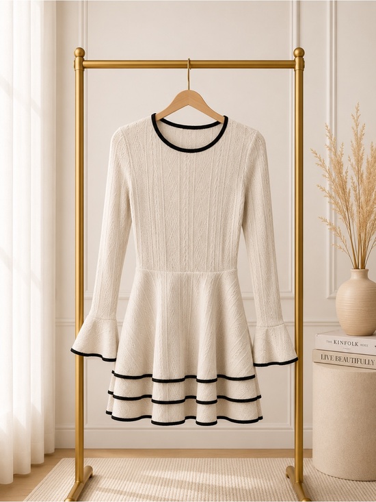 The Unbranded Brand Other - 🔴 Cream Textured Long-Sleeve Peplum Dress with Black Piping
